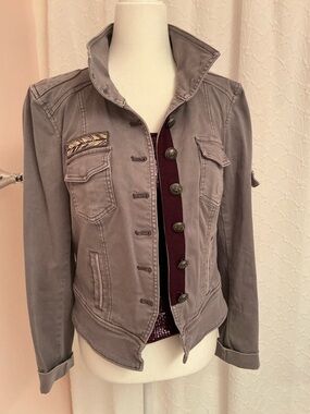 White House Black Market Gray Utility Jacket with Maroon Trim